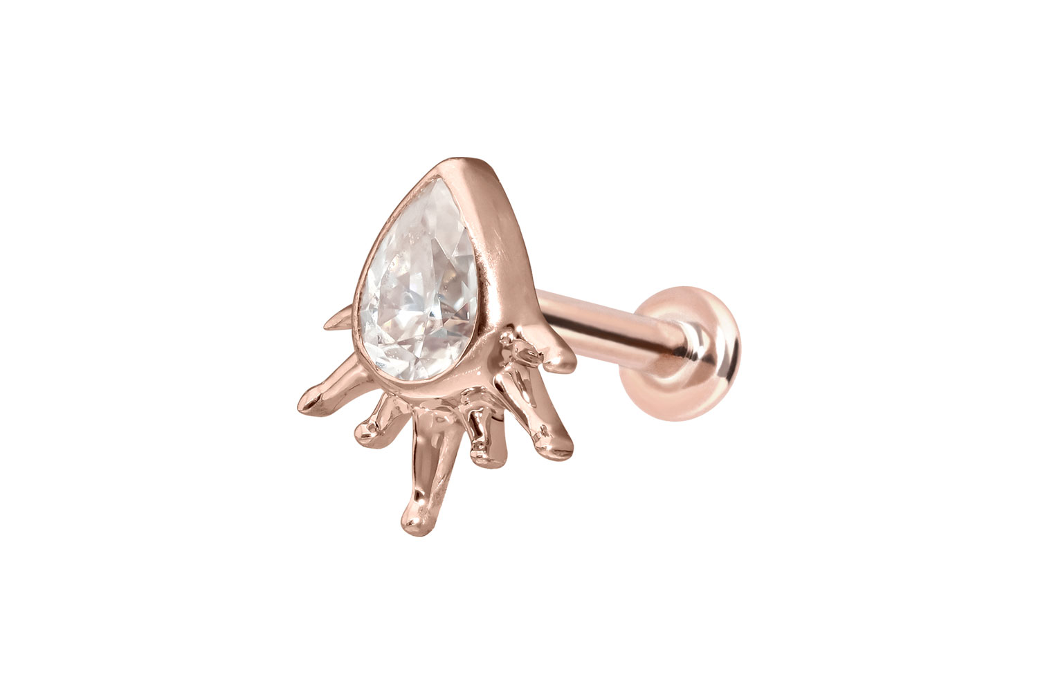 14 Karat Gold Labret Piercing mit Innengewinde MOISSANIT-TROPFEN + SONNENSTRAHLEN